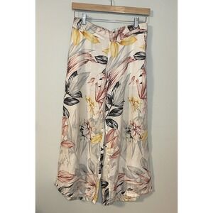 C&C California‎ Womens Sz Small 100% LINEN Floral Cropped Wide Leg Pants Trouser
